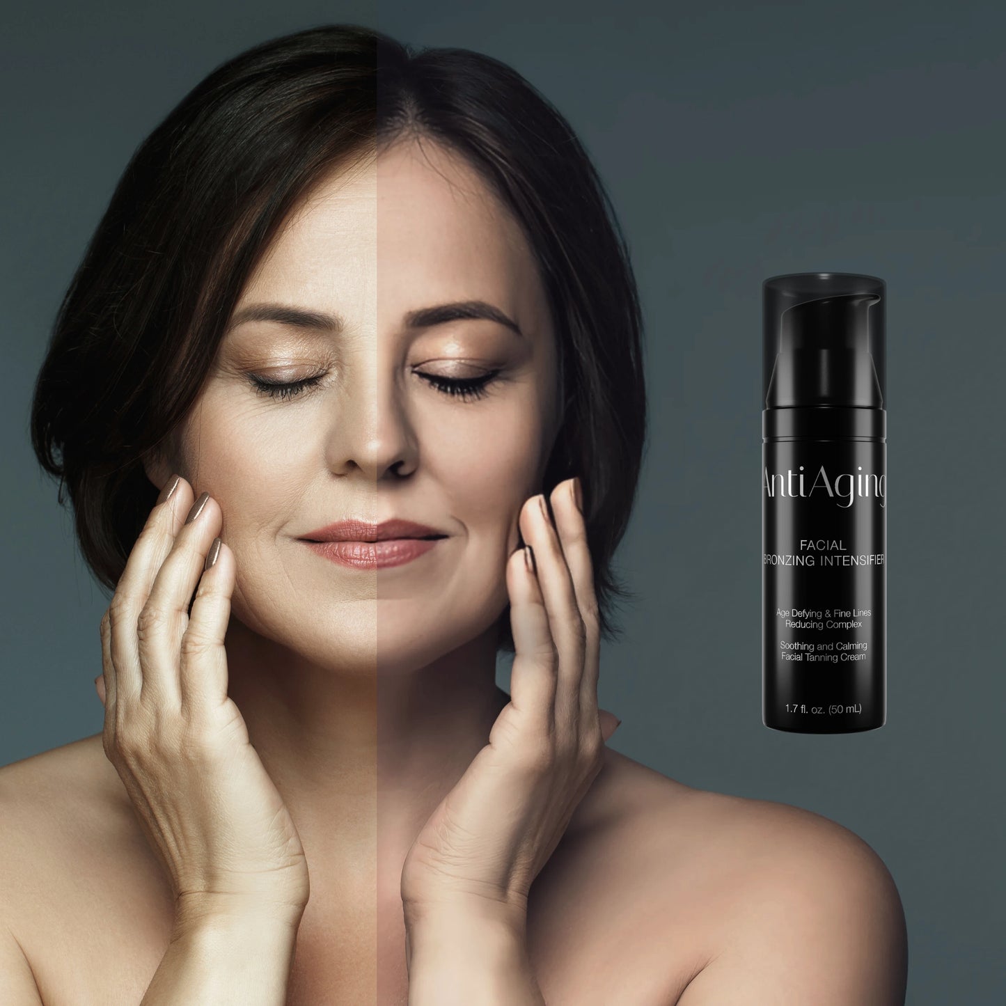 Efecto antes y después con Onyx Anti-Aging bronceador facial