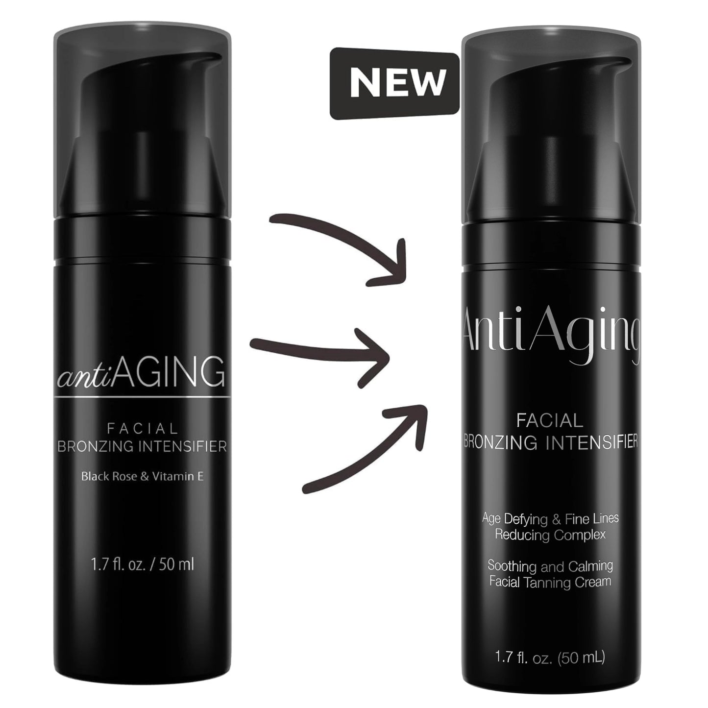 Comparación de envase antiguo vs. nuevo de Onyx Anti-Aging bronceador facial