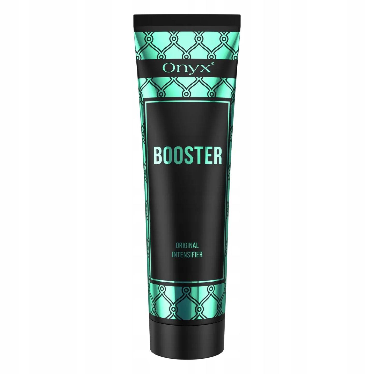 Loción Bronceadora Onyx Tanning Booster 150ml con diseño turquesa y negro, recortada sobre fondo blanco para la presentación del producto
