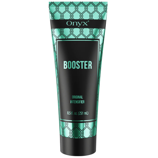 Loción Bronceadora Onyx Tanning Booster 251 ml con diseño turquesa y negro, recortada sobre fondo blanco para la presentación del producto