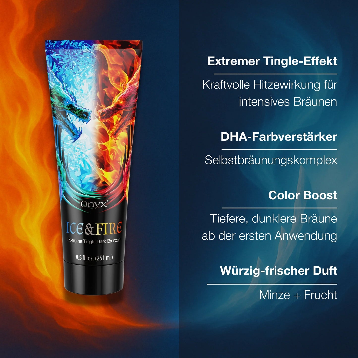 Onyx Ice & Fire características: efecto tingle, potenciador de color DHA y aroma fresco