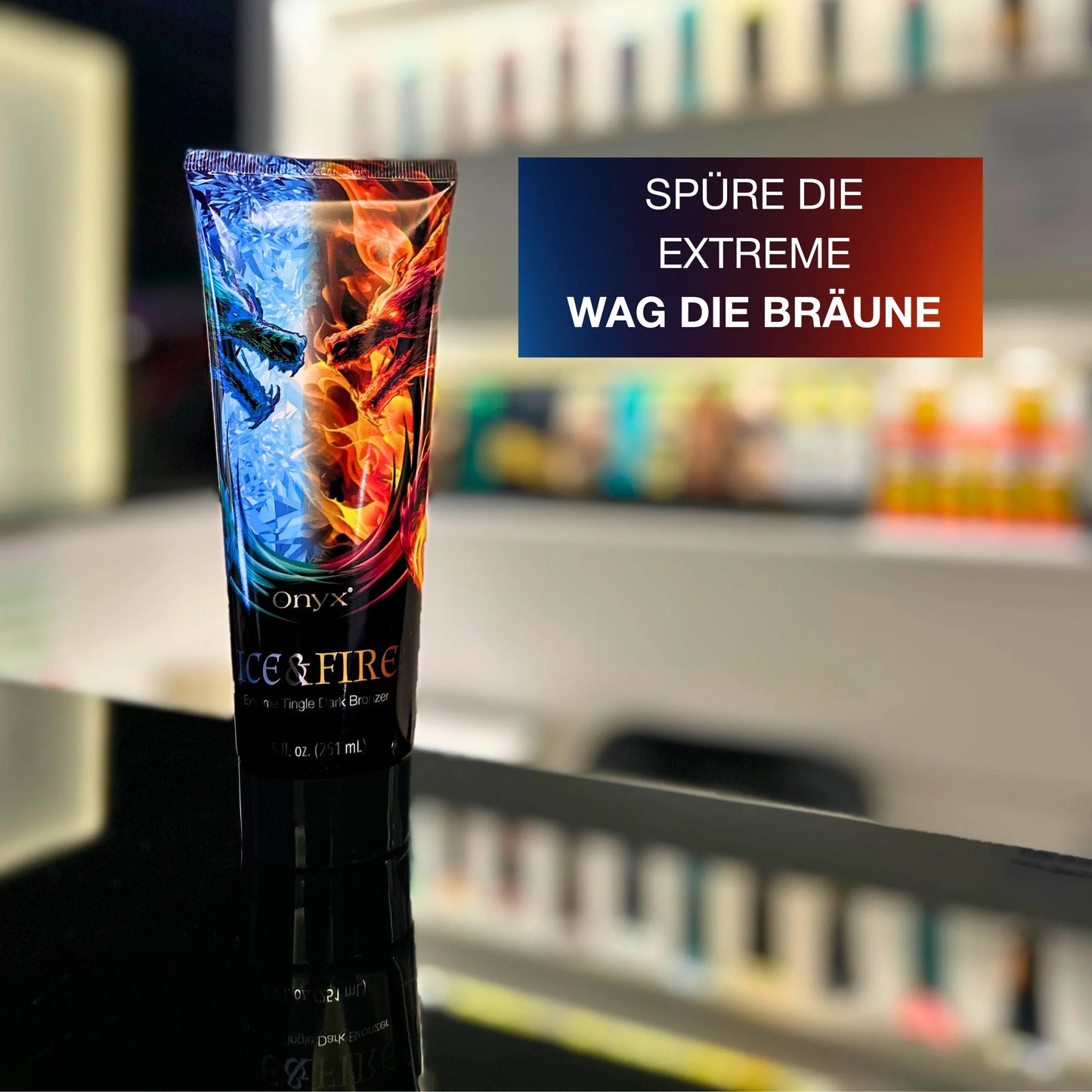 Imagen publicitaria Onyx Ice & Fire con el eslogan «Siente lo extremo – Atrévete al bronceado»