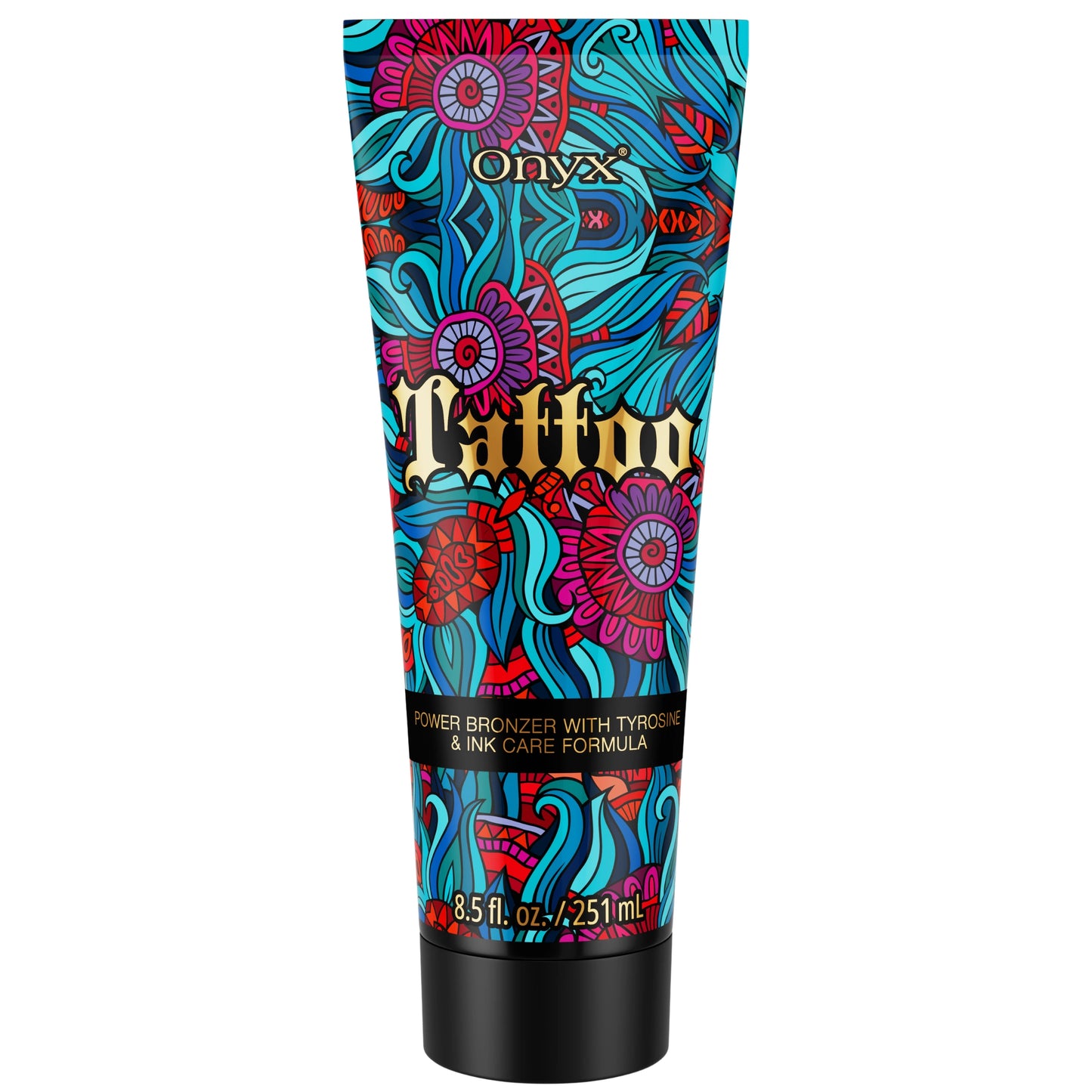 Loción bronceadora Onyx Tattoo con fórmula bronceadora y cuidado del tatuaje, diseñada para preservar la viveza del tatuaje y potenciar el bronceado UV.