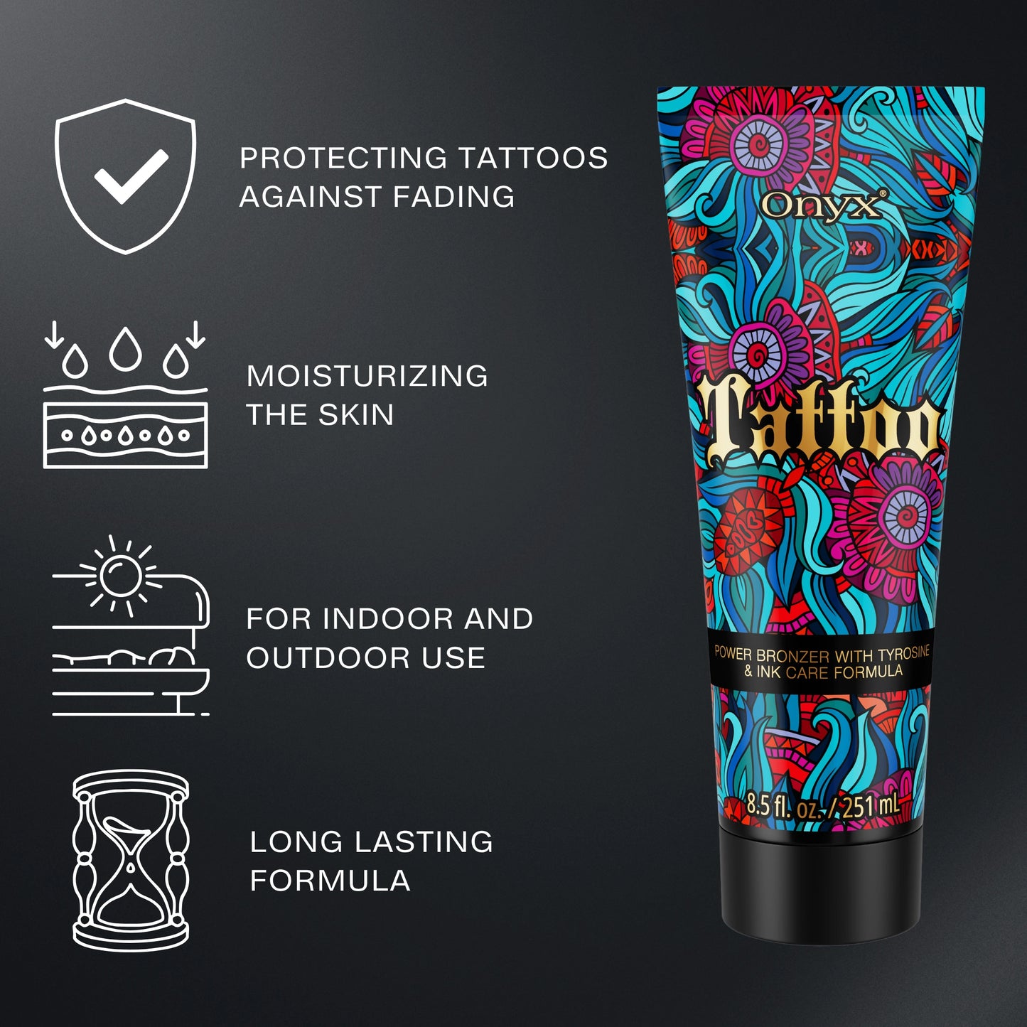 Loción bronceadora Onyx Tattoo con beneficios clave, incluyendo protección del tatuaje, hidratación profunda y resultados de bronceado duraderos.