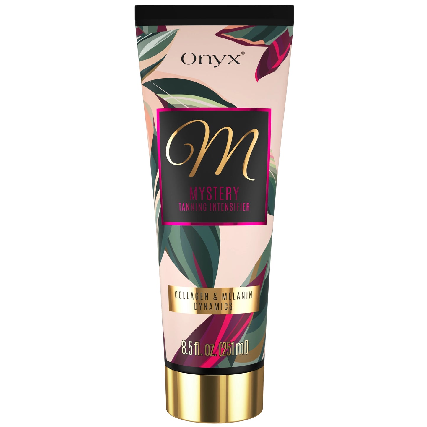Onyx Mystery Tanning Intensifier con Colágeno y Dinámica de Melanina, imagen de producto del tubo de 251 ml sobre fondo blanco