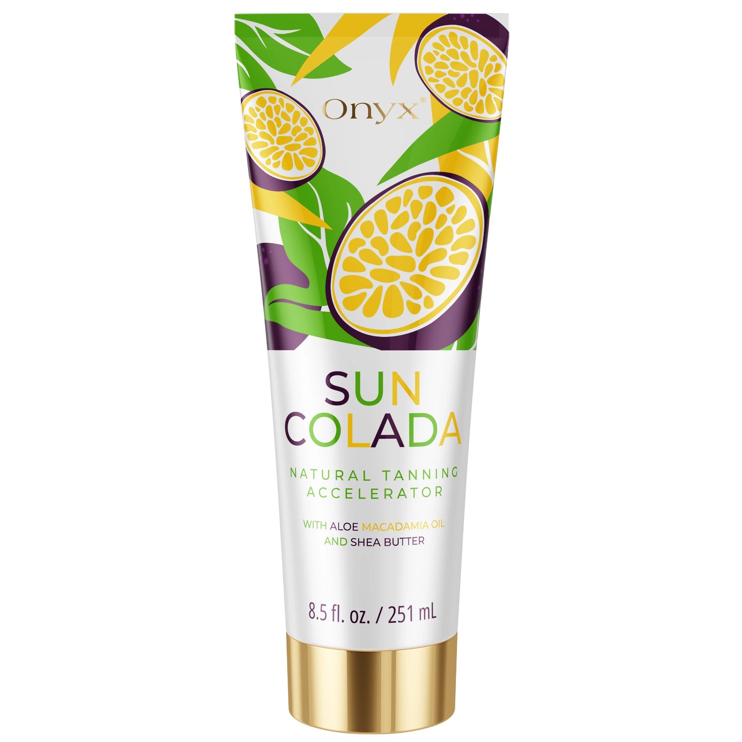 Loción aceleradora de bronceado natural Suncolada de Onyx con aloe, aceite de macadamia y manteca de karité en envase de 251 ml, diseño tropical con fruta de la pasión.