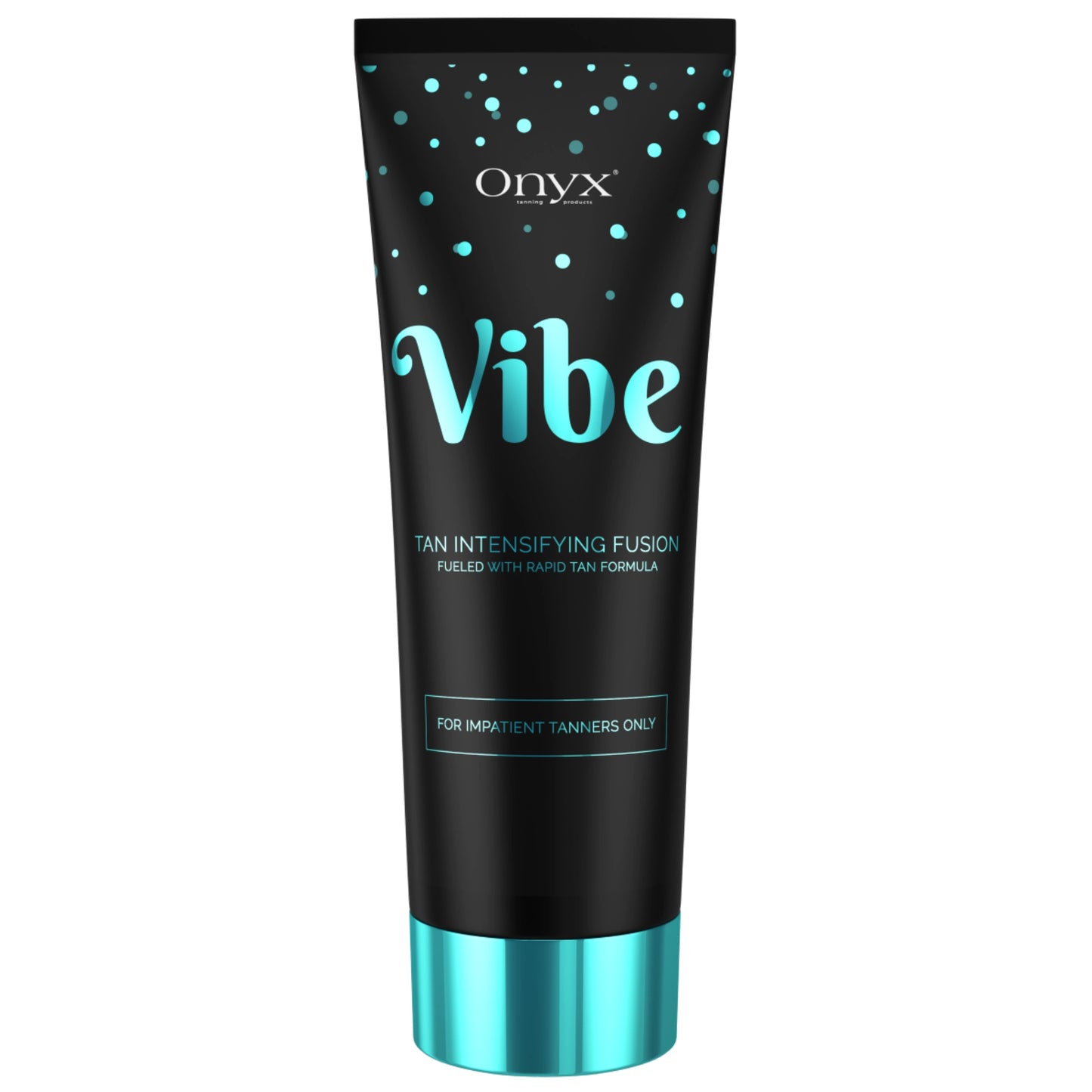 Imagen de producto de la Loción Bronceadora Onyx Vibe con diseño turquesa – loción aceleradora de bronceado para usuarias de solarium, ideal para un bronceado rápido, intenso y sin rayas