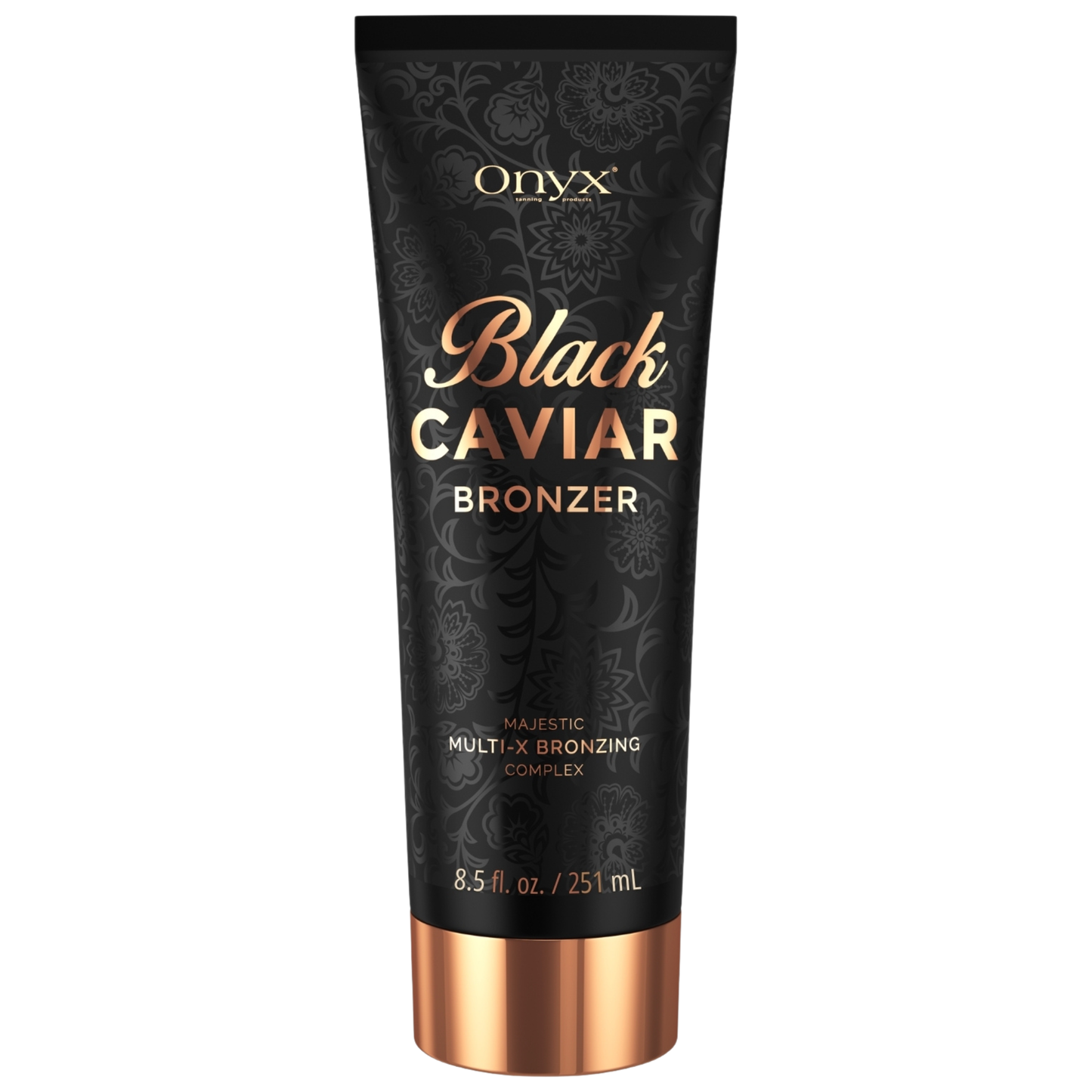 Packshot de Onyx Black Caviar Bronzer, loción bronceadora avanzada diseñada para un bronceado intenso y un tono dorado uniforme.