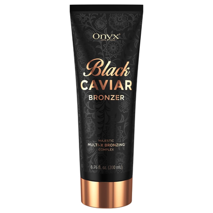 Packshot de Onyx Black Caviar Bronzer, loción bronceadora avanzada diseñada para un bronceado intenso y un tono dorado uniforme.