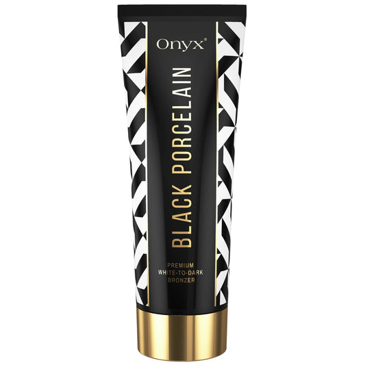 Imagen principal de la loción bronceadora Onyx Black Porcelain con elegante diseño en negro, blanco y dorado, bronceador premium White-to-Dark para solarium
