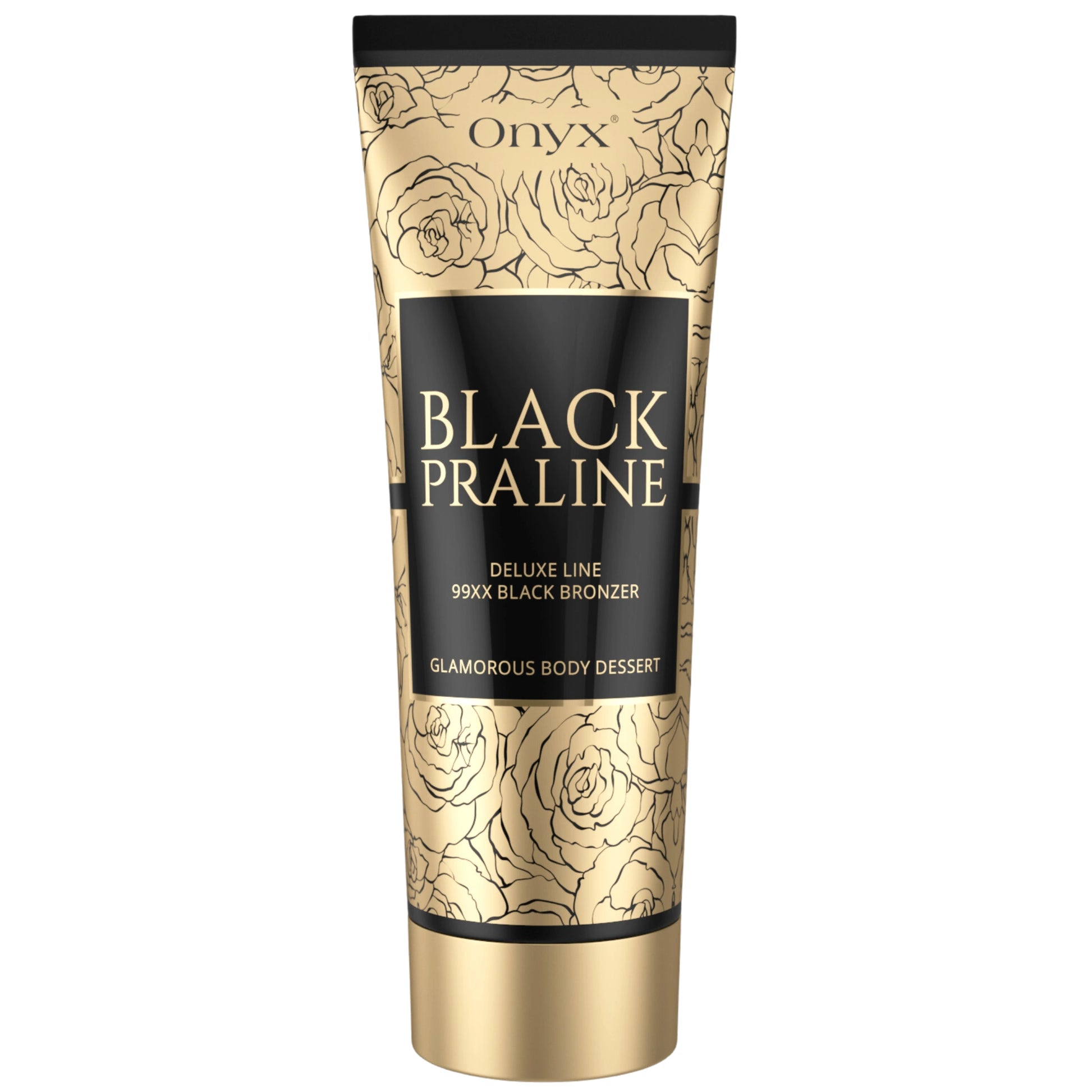 Imagen del producto Onyx Black Praline Loción Bronceadora en tubo negro y dorado con diseño floral