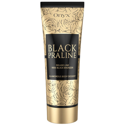 Imagen del producto Onyx Black Praline Loción Bronceadora en tubo negro y dorado con diseño floral