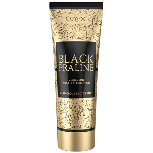 Imagen del producto Onyx Black Praline Loción Bronceadora en tubo negro y dorado con diseño floral