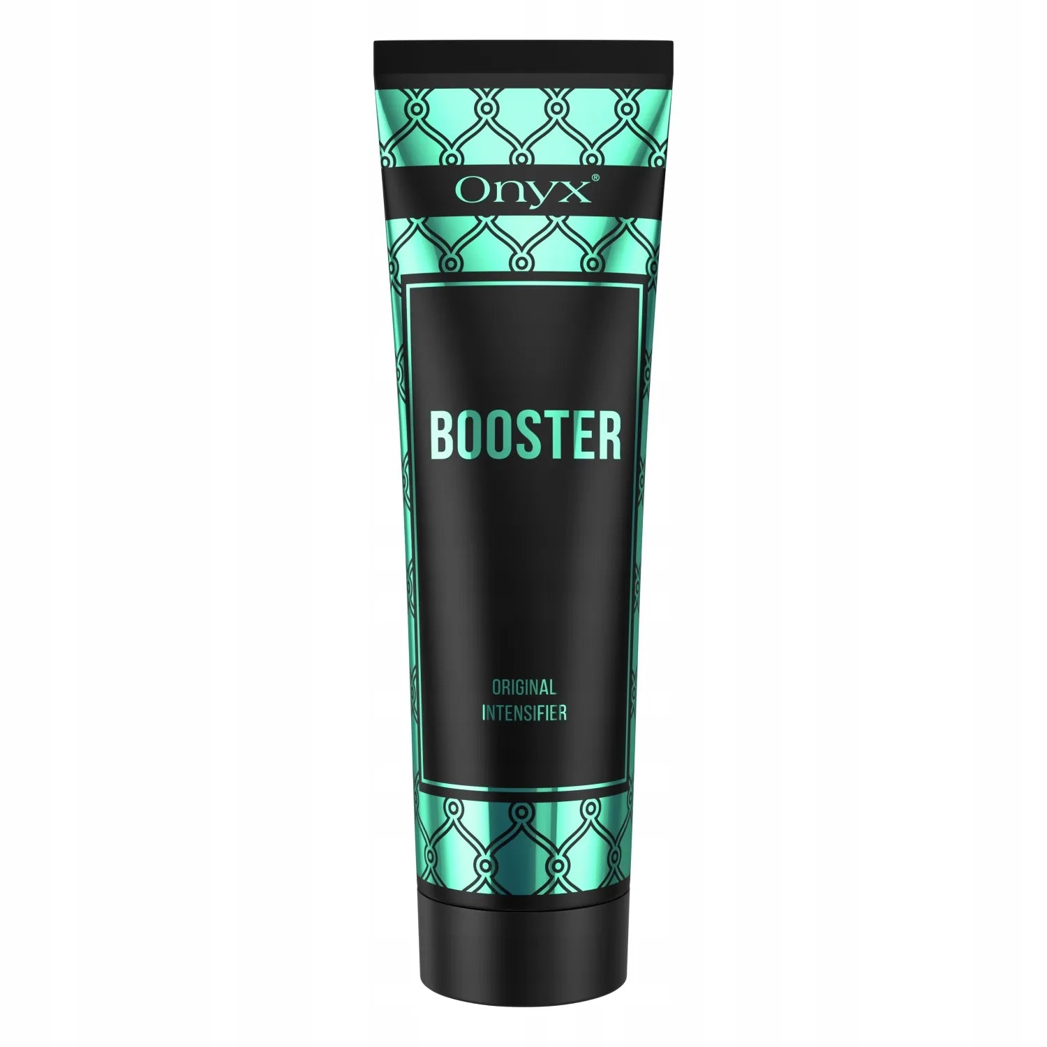 Loción Bronceadora Onyx Tanning Booster 150ml con diseño turquesa y negro, recortada sobre fondo blanco para la presentación del producto