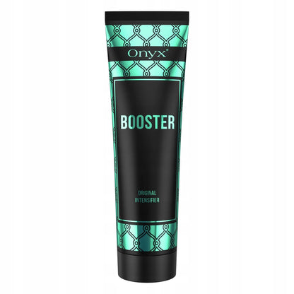 Loción Bronceadora Onyx Tanning Booster 150ml con diseño turquesa y negro, recortada sobre fondo blanco para la presentación del producto