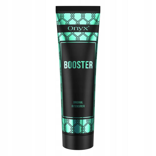 Loción Bronceadora Onyx Tanning Booster 150ml con diseño turquesa y negro, recortada sobre fondo blanco para la presentación del producto