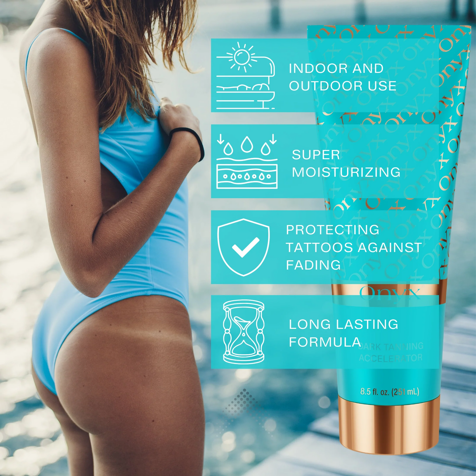 Crema Onyx Dark Tanning Accelerator con beneficios: uso interior y exterior, hidratación, protección del color del tatuaje y fórmula duradera