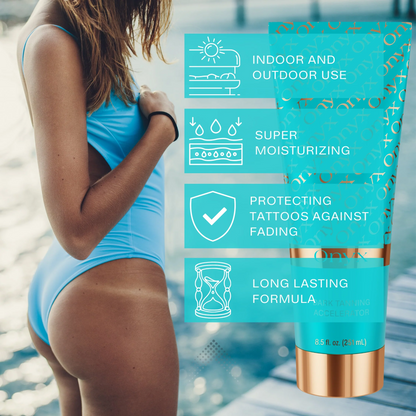 Crema Onyx Dark Tanning Accelerator con beneficios: uso interior y exterior, hidratación, protección del color del tatuaje y fórmula duradera