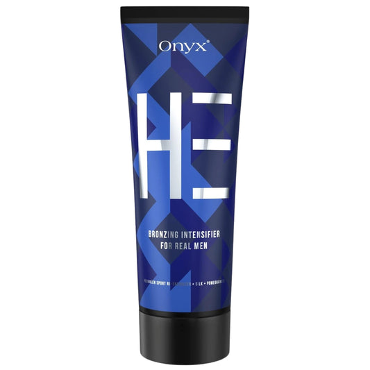 Onyx HE Bronzing Intensifier: loción bronceadora premium para hombres, enriquecida con revitalizante deportivo y extracto de granada.
