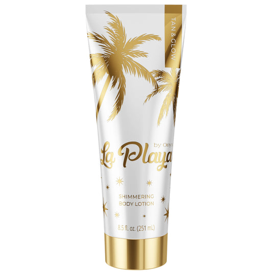 Onyx La Playa Glow loción corporal brillante en envase con palmeras doradas y diseño elegante