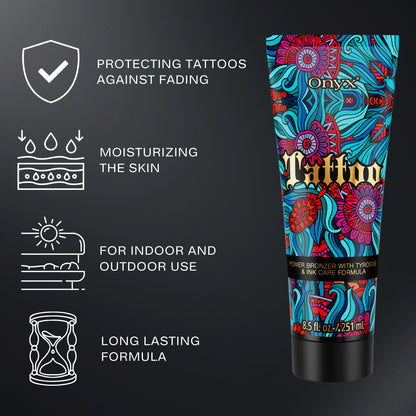 Loción bronceadora Onyx Tattoo con beneficios clave, incluyendo protección del tatuaje, hidratación profunda y resultados de bronceado duraderos.