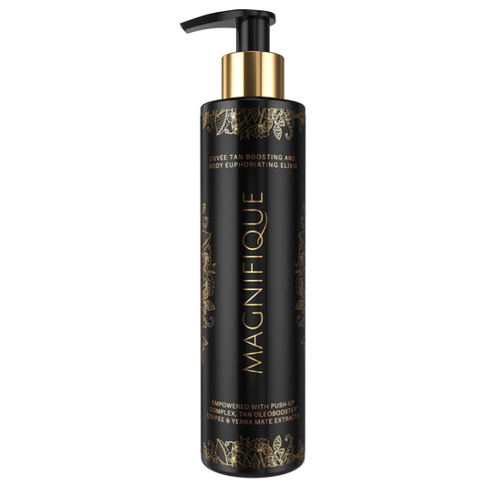Foto de producto de Onyx Magnifique Elixir Bronceador con dispensador dorado sobre fondo blanco – envase de lujo para solárium o exterior