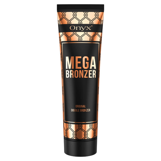 Onyx Mega Bronzer crema de solarium con doble poder bronceador, tubo negro con diseño en cobre para un bronceado especialmente intenso.