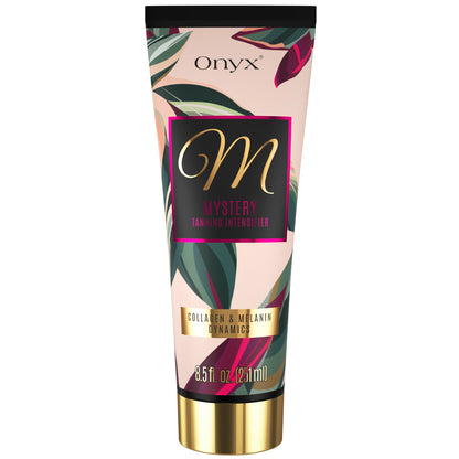 Onyx Mystery Tanning Intensifier con Colágeno y Dinámica de Melanina, imagen de producto del tubo de 251 ml sobre fondo blanco
