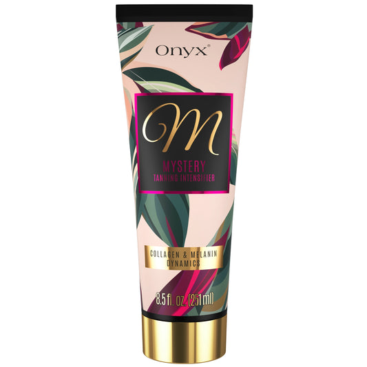 Onyx Mystery Tanning Intensifier con Colágeno y Dinámica de Melanina, imagen de producto del tubo de 251 ml sobre fondo blanco