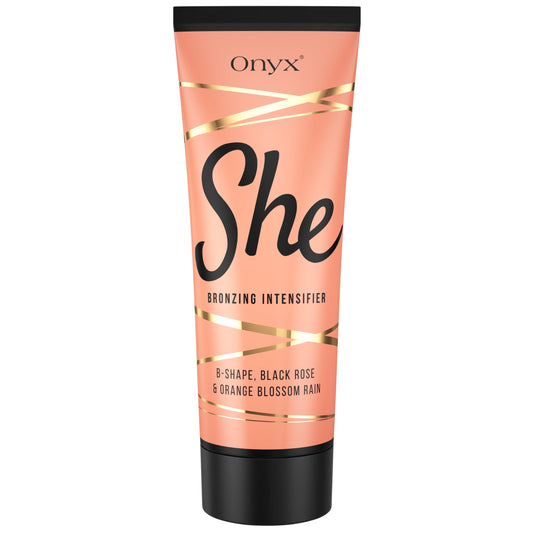 Onyx She loción bronceadora en tubo rosado con líneas doradas, especialmente diseñada para mujeres, cuidado intensivo bronceado para cama solar o exterior
