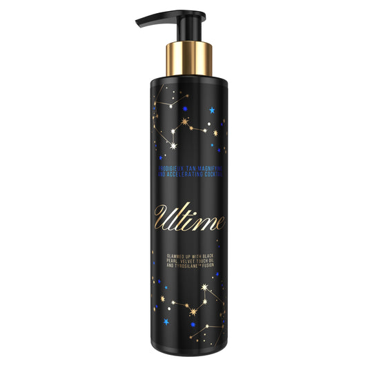 Imagen principal de la Loción Bronceadora Onyx Ultime con frasco negro con dosificador, decorado con constelaciones y letras doradas sobre fondo blanco