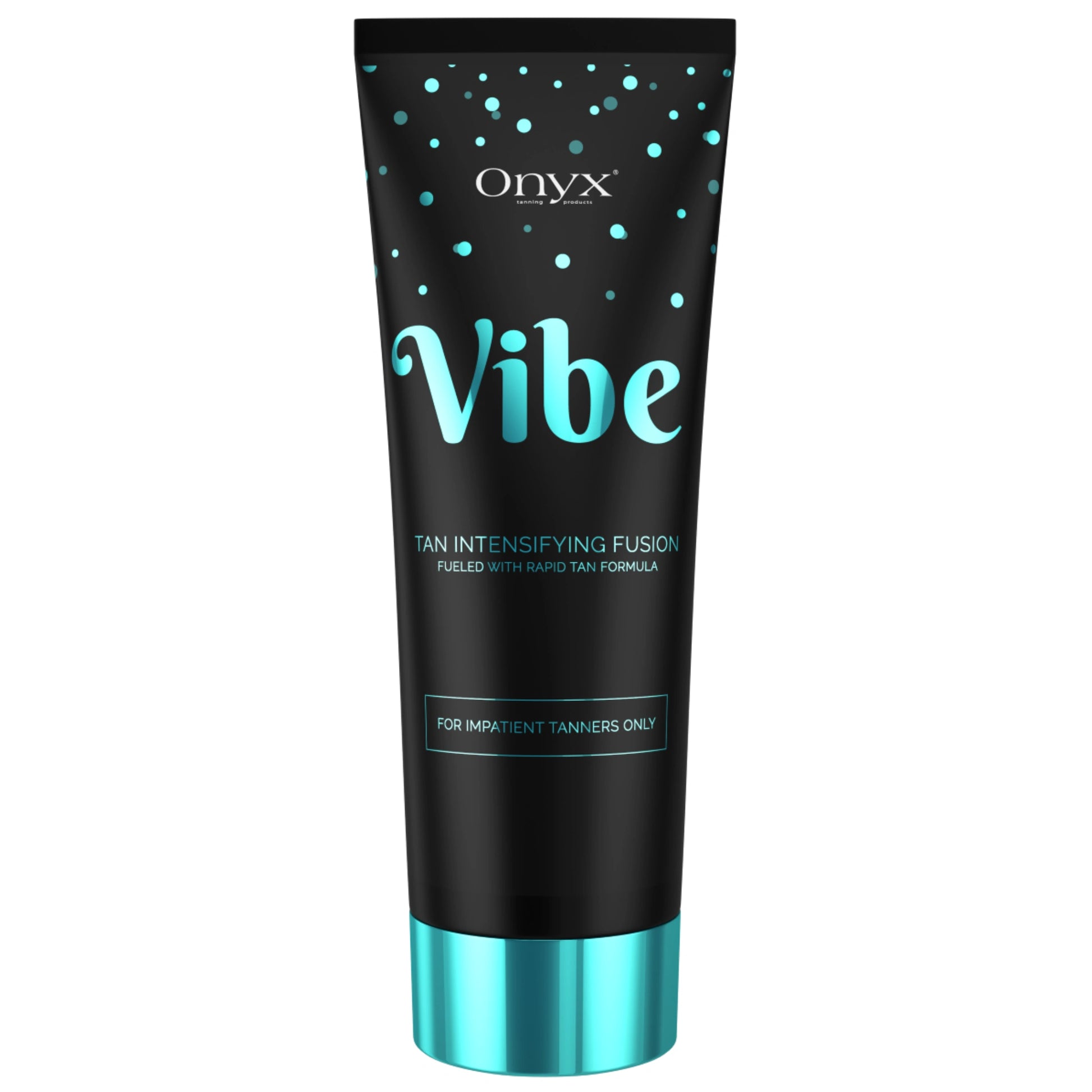 Imagen de producto de la Loción Bronceadora Onyx Vibe con diseño turquesa – loción aceleradora de bronceado para usuarias de solarium, ideal para un bronceado rápido, intenso y sin rayas