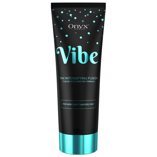 Imagen de producto de la Loción Bronceadora Onyx Vibe con diseño turquesa – loción aceleradora de bronceado para usuarias de solarium, ideal para un bronceado rápido, intenso y sin rayas